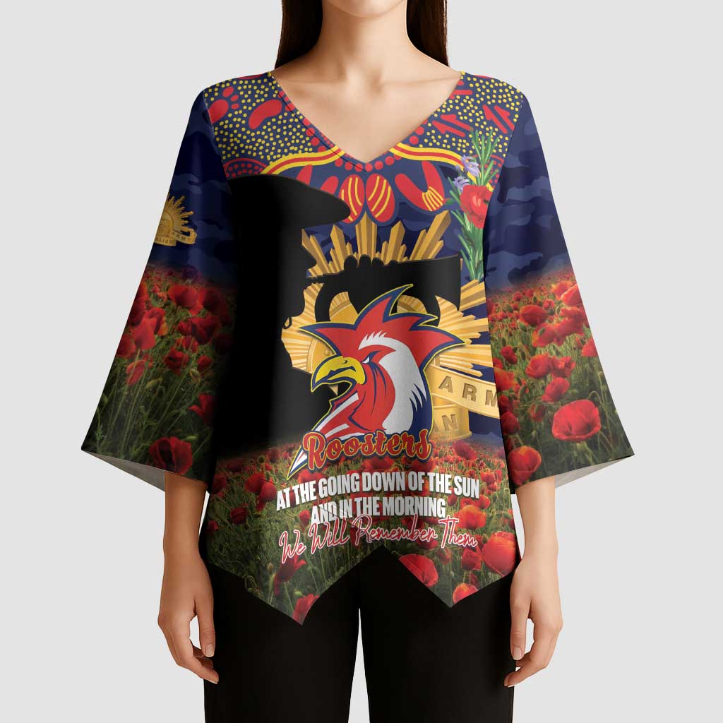 Personalised Roosters Rugby ANZAC Day Kimono Sleeve Blouse Last Post Poppy We Will Remember Them