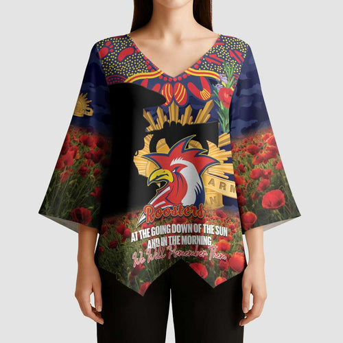 Personalised Roosters Rugby ANZAC Day Kimono Sleeve Blouse Last Post Poppy We Will Remember Them
