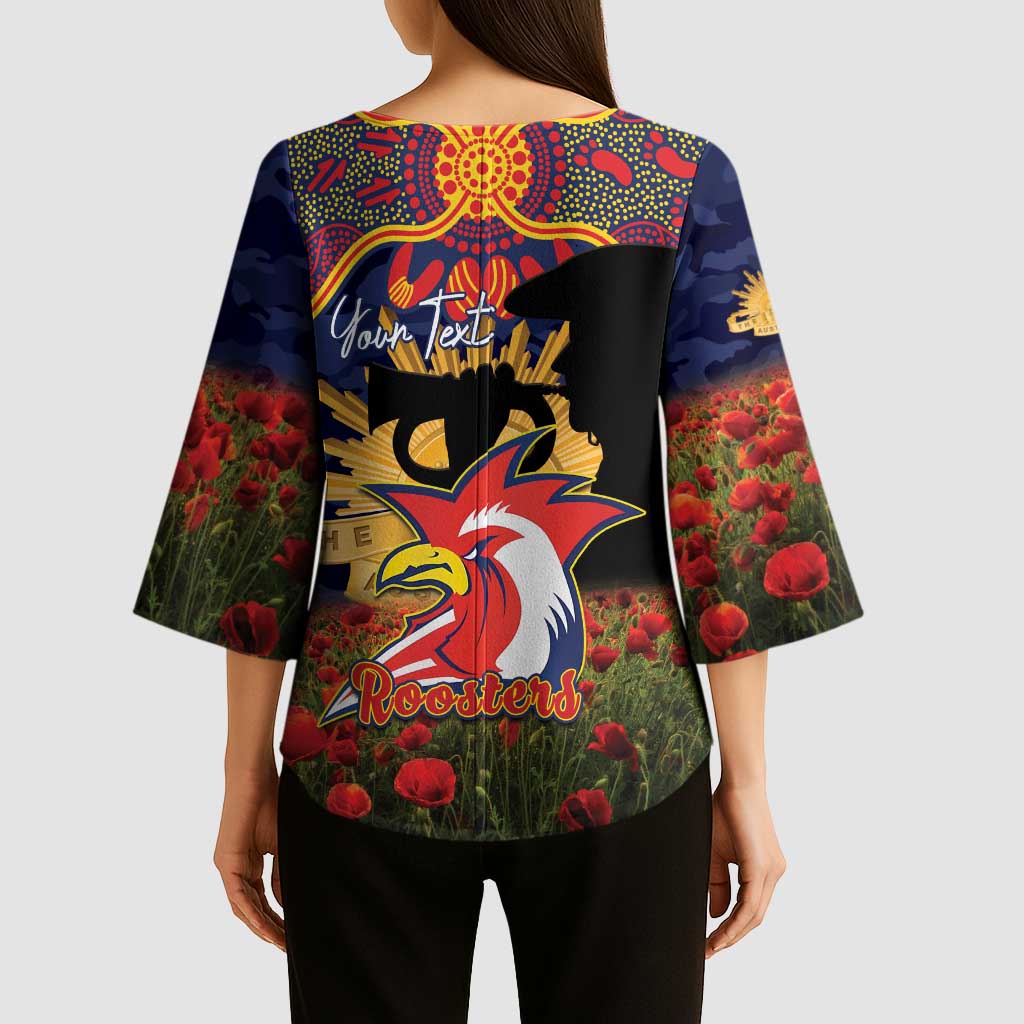 Personalised Roosters Rugby ANZAC Day Kimono Sleeve Blouse Last Post Poppy We Will Remember Them