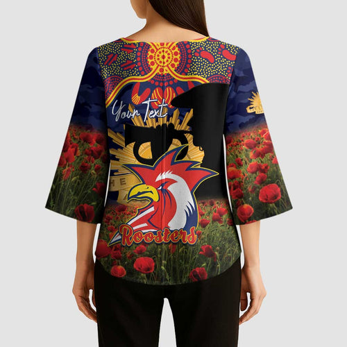 Personalised Roosters Rugby ANZAC Day Kimono Sleeve Blouse Last Post Poppy We Will Remember Them