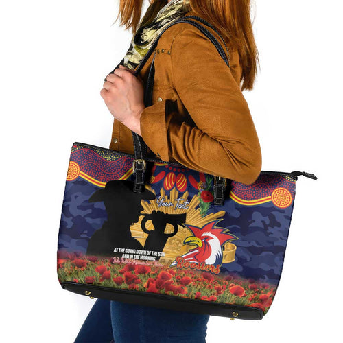 Personalised Roosters Rugby ANZAC Day Leather Tote Bag Last Post Poppy We Will Remember Them