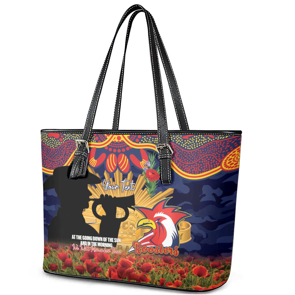 Personalised Roosters Rugby ANZAC Day Leather Tote Bag Last Post Poppy We Will Remember Them