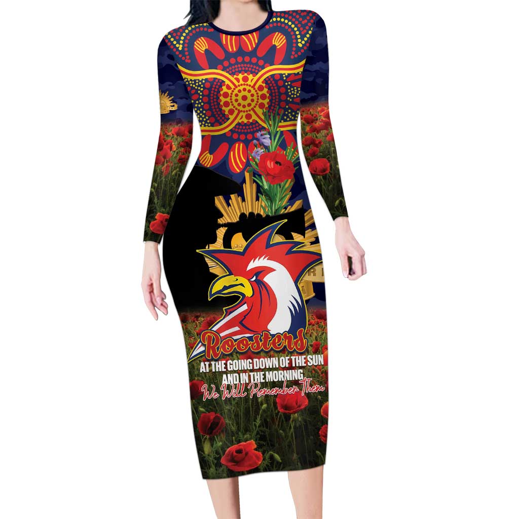 Personalised Roosters Rugby ANZAC Day Long Sleeve Bodycon Dress Last Post Poppy We Will Remember Them