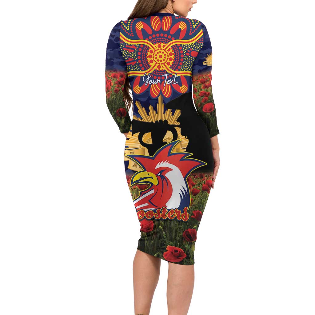 Personalised Roosters Rugby ANZAC Day Long Sleeve Bodycon Dress Last Post Poppy We Will Remember Them