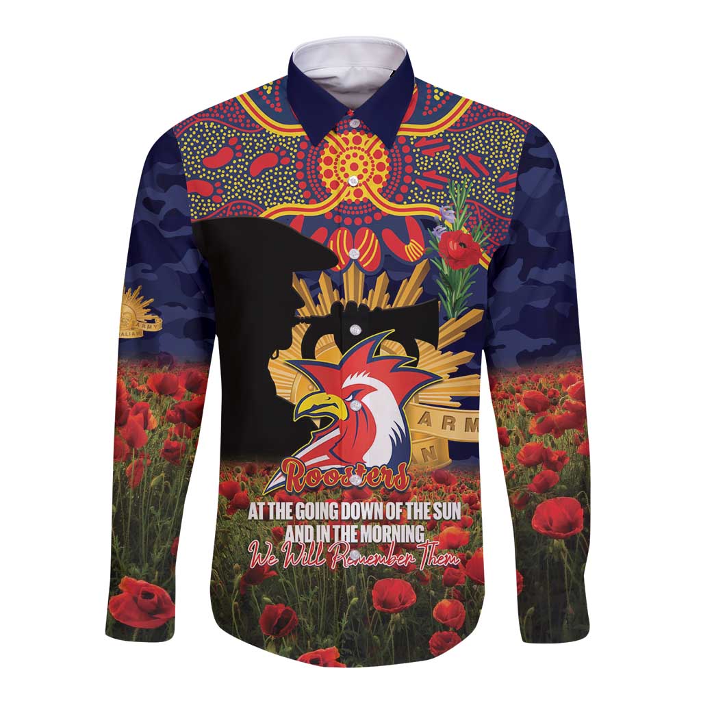 Personalised Roosters Rugby ANZAC Day Long Sleeve Button Shirt Last Post Poppy We Will Remember Them