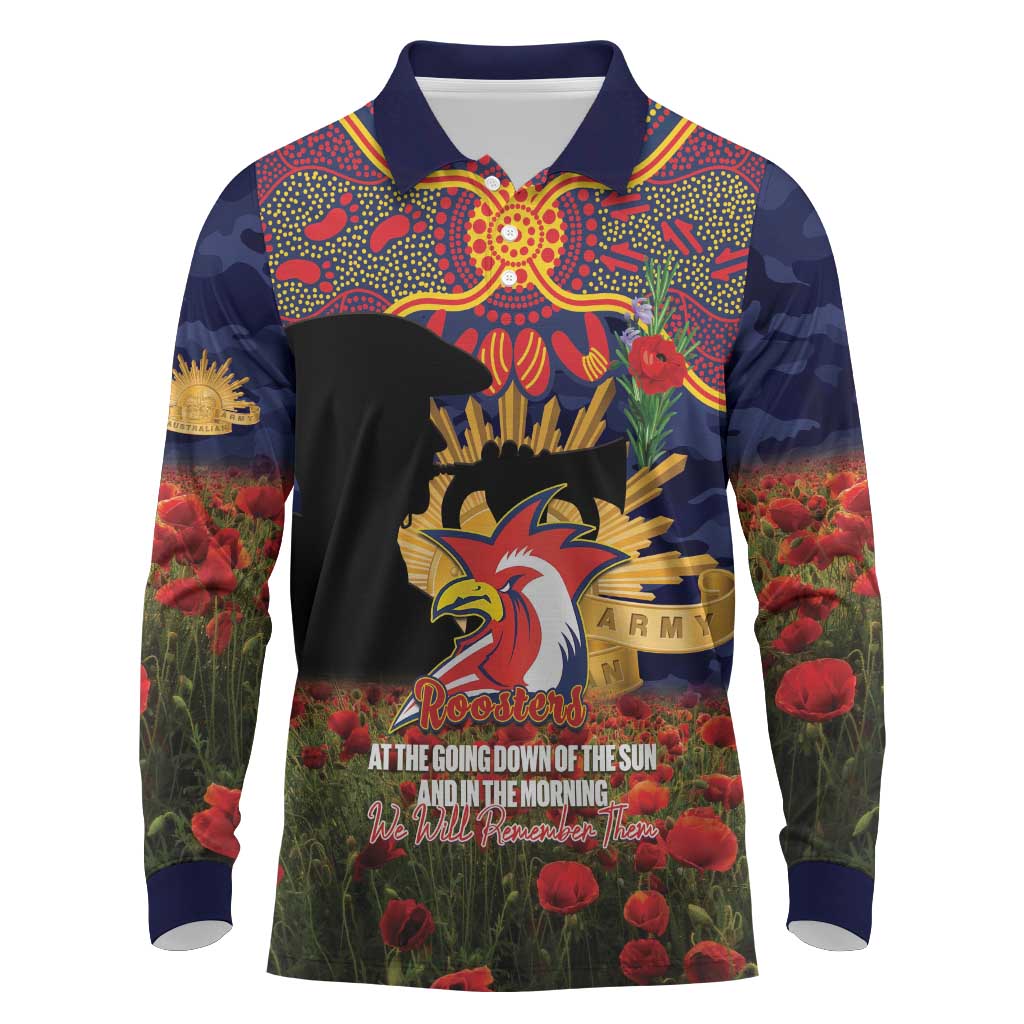 Personalised Roosters Rugby ANZAC Day Long Sleeve Polo Shirt Last Post Poppy We Will Remember Them