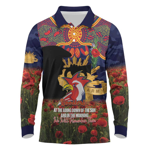 Personalised Roosters Rugby ANZAC Day Long Sleeve Polo Shirt Last Post Poppy We Will Remember Them
