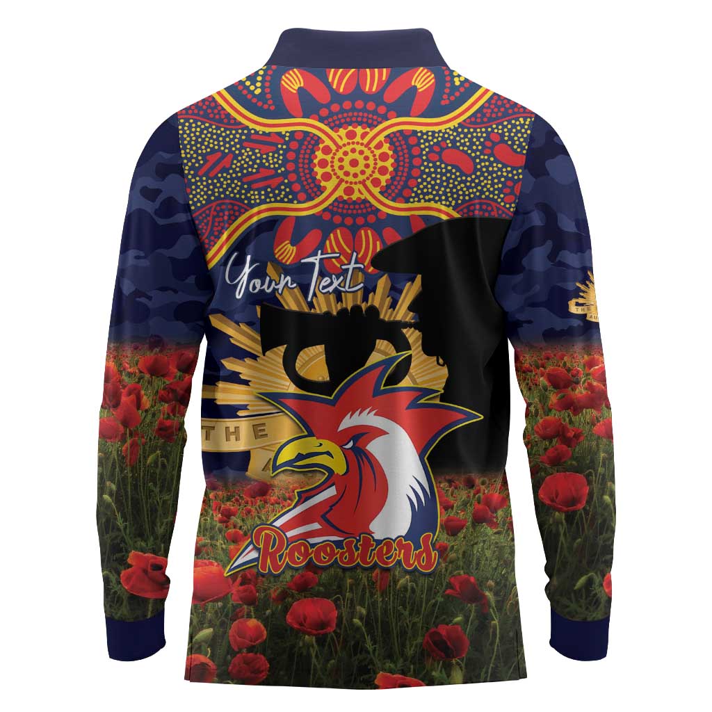 Personalised Roosters Rugby ANZAC Day Long Sleeve Polo Shirt Last Post Poppy We Will Remember Them