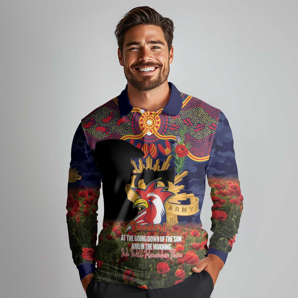 Personalised Roosters Rugby ANZAC Day Long Sleeve Polo Shirt Last Post Poppy We Will Remember Them