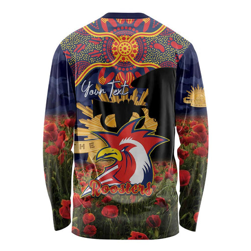 Personalised Roosters Rugby ANZAC Day Long Sleeve Shirt Last Post Poppy We Will Remember Them