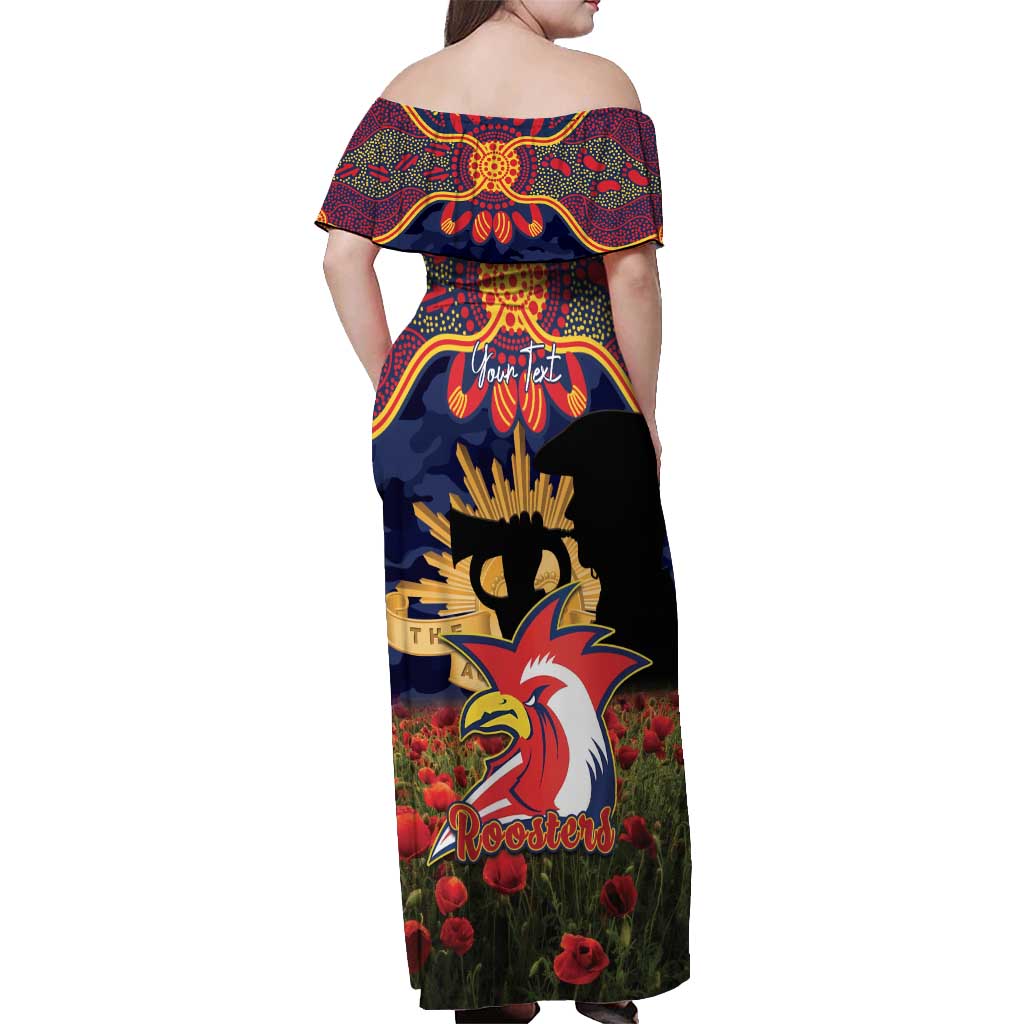 Personalised Roosters Rugby ANZAC Day Off Shoulder Maxi Dress Last Post Poppy We Will Remember Them