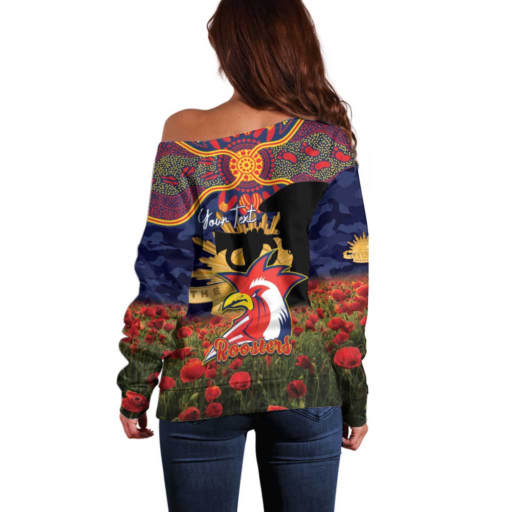 Personalised Roosters Rugby ANZAC Day Off Shoulder Sweater Last Post Poppy We Will Remember Them