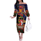 Personalised Roosters Rugby ANZAC Day Off The Shoulder Long Sleeve Dress Last Post Poppy We Will Remember Them