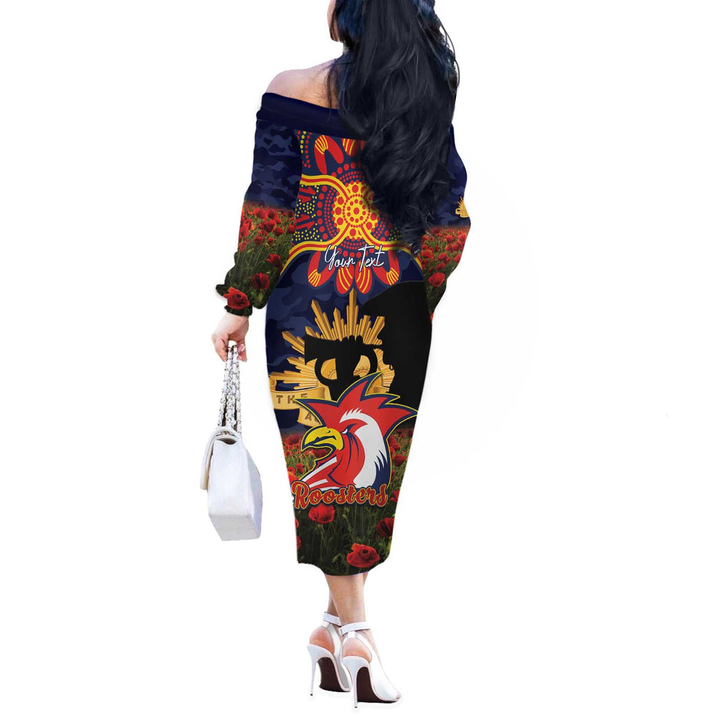 Personalised Roosters Rugby ANZAC Day Off The Shoulder Long Sleeve Dress Last Post Poppy We Will Remember Them