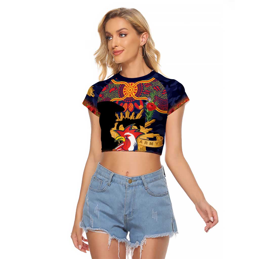 Personalised Roosters Rugby ANZAC Day Raglan Cropped T Shirt Last Post Poppy We Will Remember Them