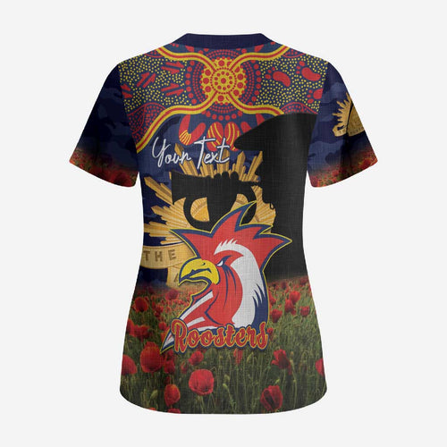 Personalised Roosters Rugby ANZAC Day Scrub Top Last Post Poppy We Will Remember Them