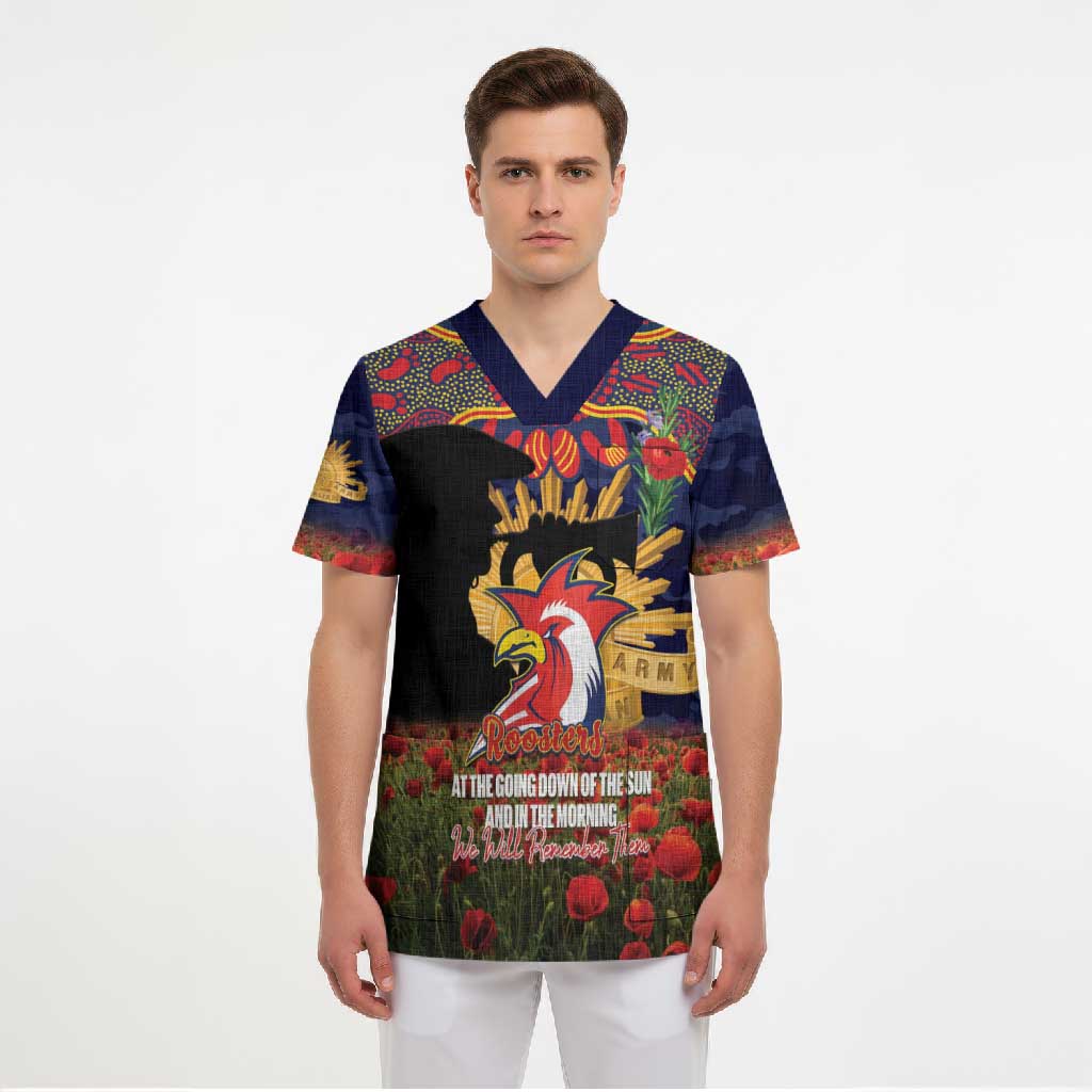 Personalised Roosters Rugby ANZAC Day Scrub Top Last Post Poppy We Will Remember Them