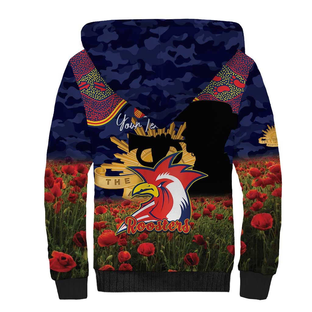 Personalised Roosters Rugby ANZAC Day Sherpa Hoodie Last Post Poppy We Will Remember Them