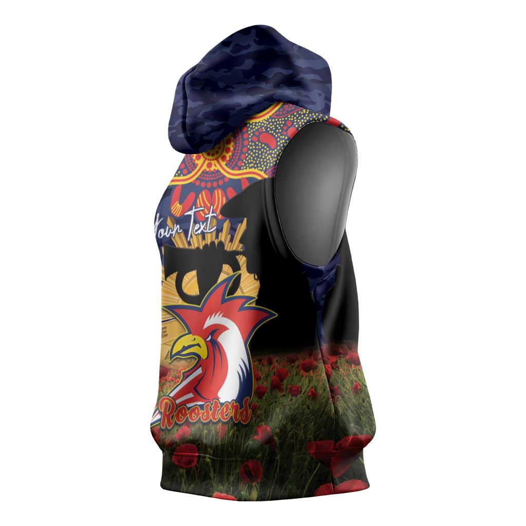 Personalised Roosters Rugby ANZAC Day Sleeveless Hoodie Last Post Poppy We Will Remember Them