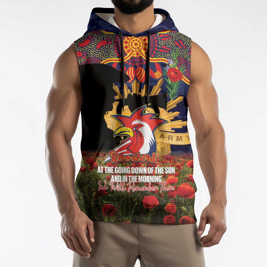 Personalised Roosters Rugby ANZAC Day Sleeveless Hoodie Last Post Poppy We Will Remember Them