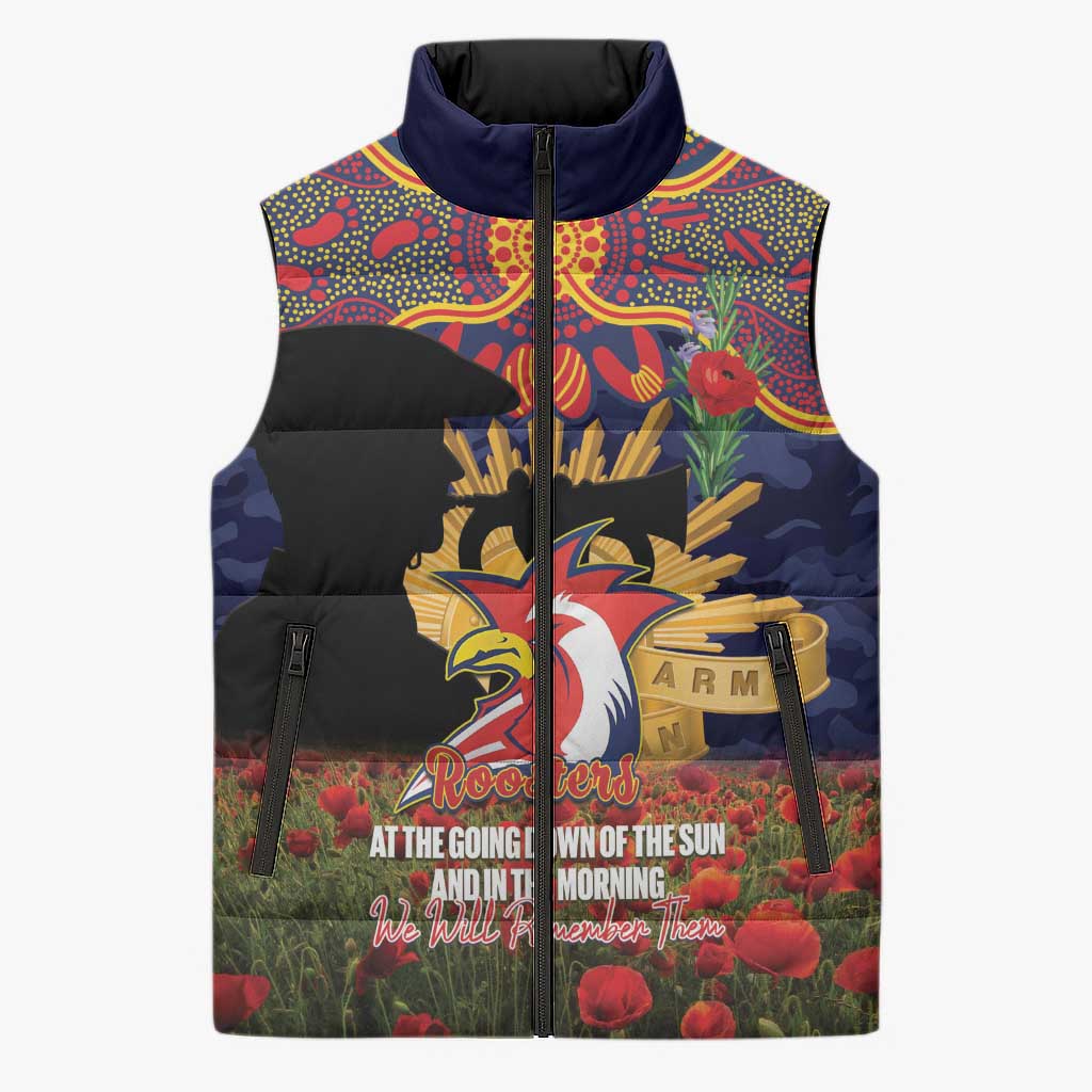 Personalised Roosters Rugby ANZAC Day Sleeveless Puffer Jacket Last Post Poppy We Will Remember Them