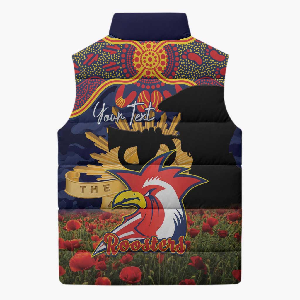 Personalised Roosters Rugby ANZAC Day Sleeveless Puffer Jacket Last Post Poppy We Will Remember Them