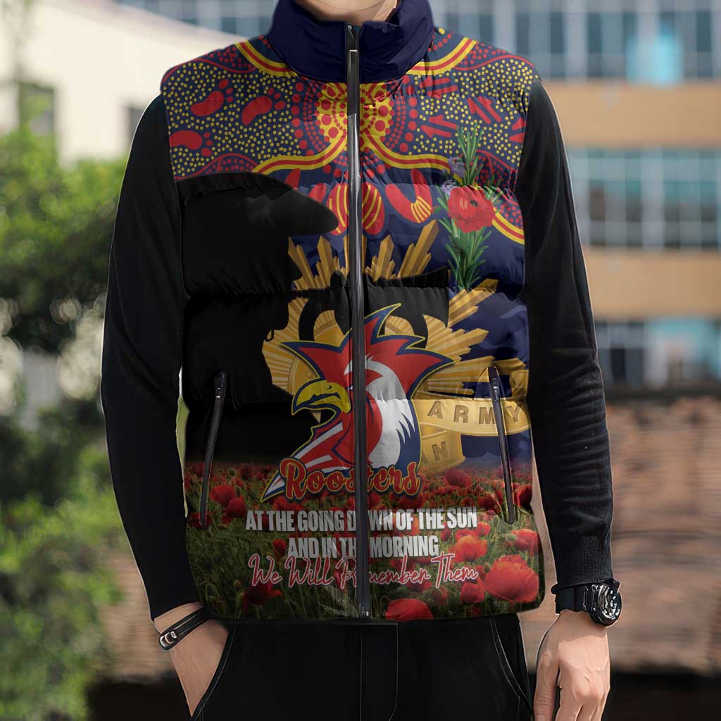 Personalised Roosters Rugby ANZAC Day Sleeveless Puffer Jacket Last Post Poppy We Will Remember Them
