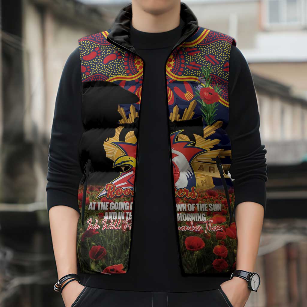 Personalised Roosters Rugby ANZAC Day Sleeveless Puffer Jacket Last Post Poppy We Will Remember Them