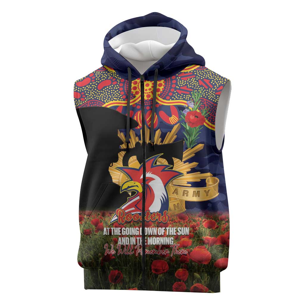 Personalised Roosters Rugby ANZAC Day Sleeveless Zip Hoodie Last Post Poppy We Will Remember Them