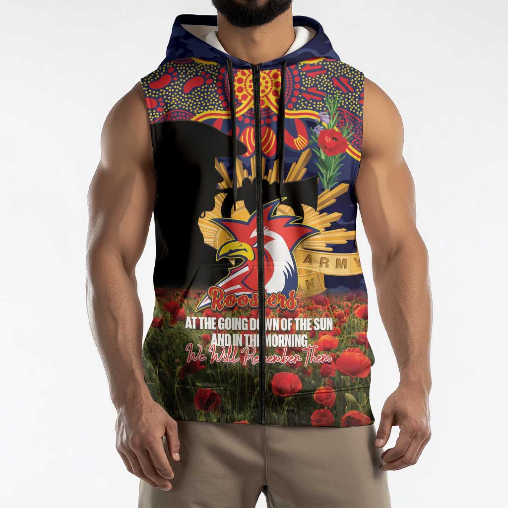 Personalised Roosters Rugby ANZAC Day Sleeveless Zip Hoodie Last Post Poppy We Will Remember Them