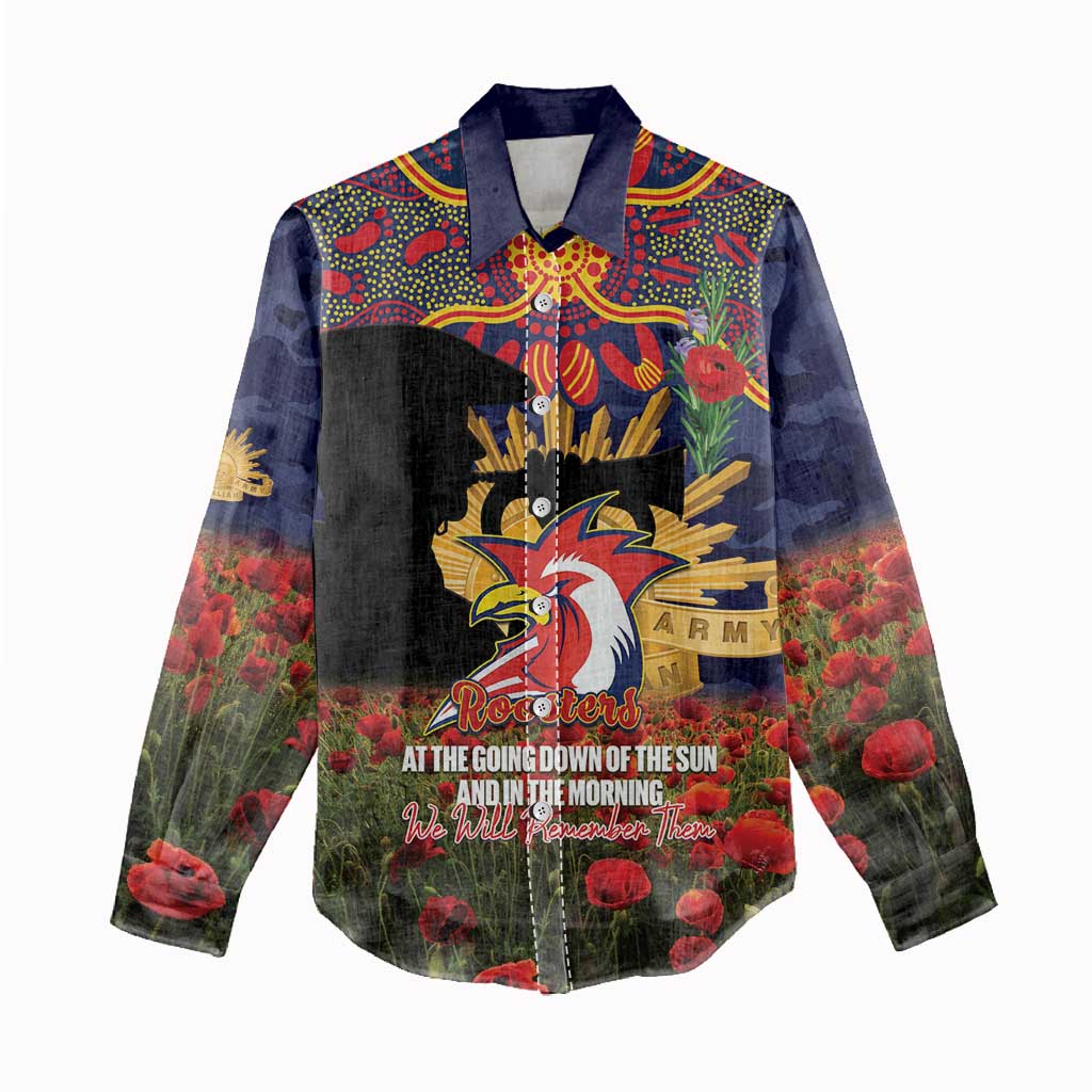 Personalised Roosters Rugby ANZAC Day Women Casual Shirt Last Post Poppy We Will Remember Them