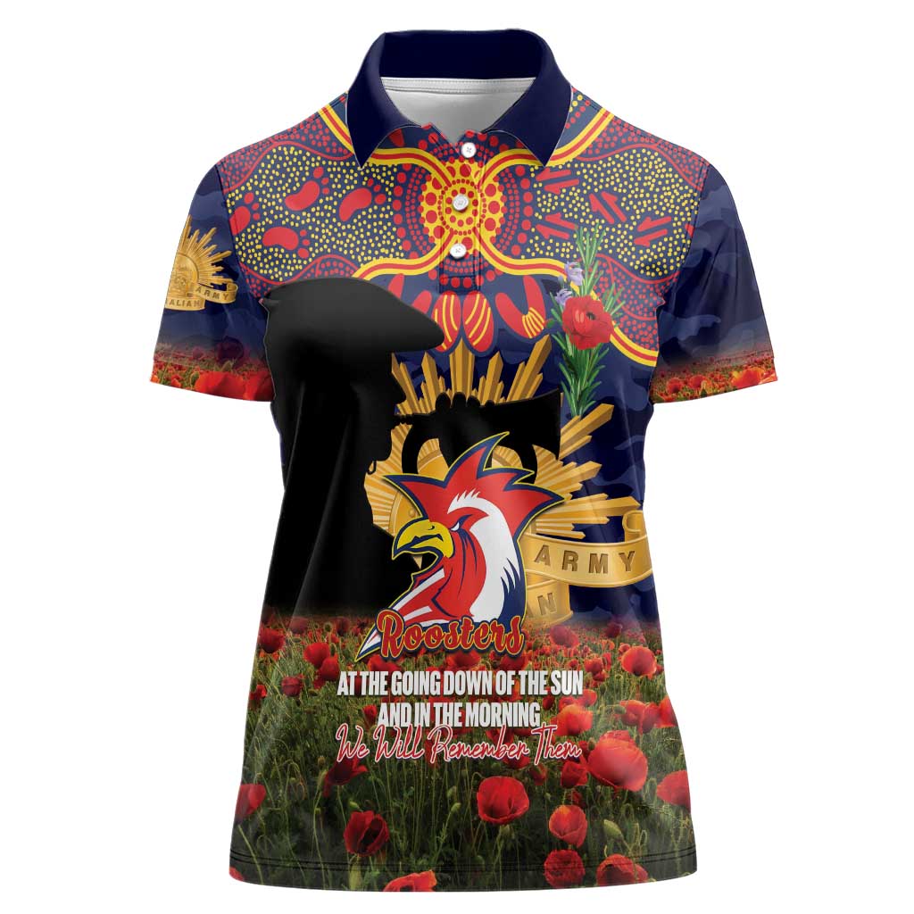 Personalised Roosters Rugby ANZAC Day Women Polo Shirt Last Post Poppy We Will Remember Them