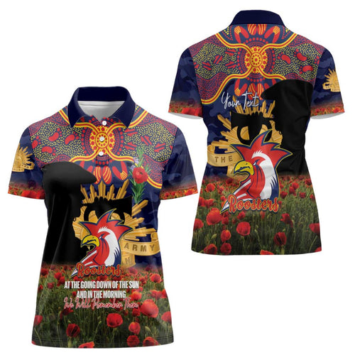 Personalised Roosters Rugby ANZAC Day Women Polo Shirt Last Post Poppy We Will Remember Them