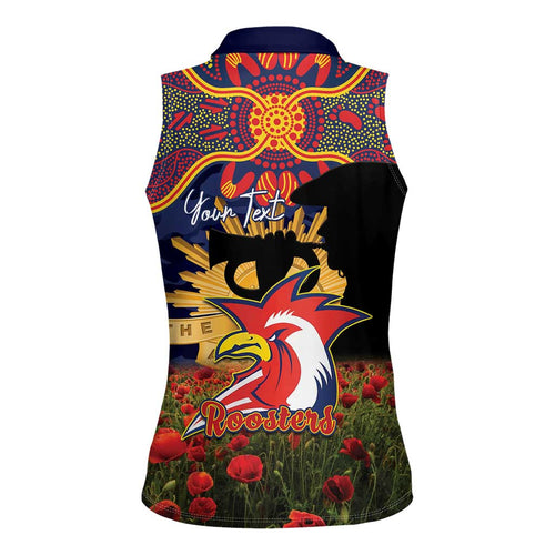 Personalised Roosters Rugby ANZAC Day Women Sleeveless Polo Shirt Last Post Poppy We Will Remember Them