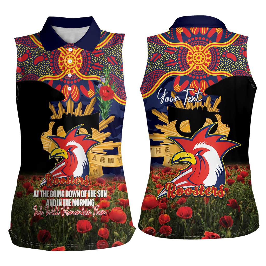 Personalised Roosters Rugby ANZAC Day Women Sleeveless Polo Shirt Last Post Poppy We Will Remember Them
