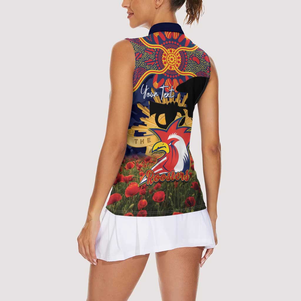 Personalised Roosters Rugby ANZAC Day Women Sleeveless Polo Shirt Last Post Poppy We Will Remember Them