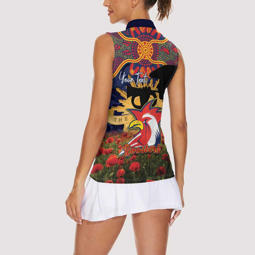 Personalised Roosters Rugby ANZAC Day Women Sleeveless Polo Shirt Last Post Poppy We Will Remember Them