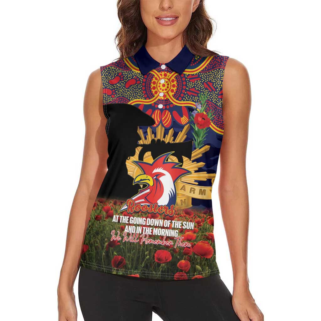 Personalised Roosters Rugby ANZAC Day Women Sleeveless Polo Shirt Last Post Poppy We Will Remember Them