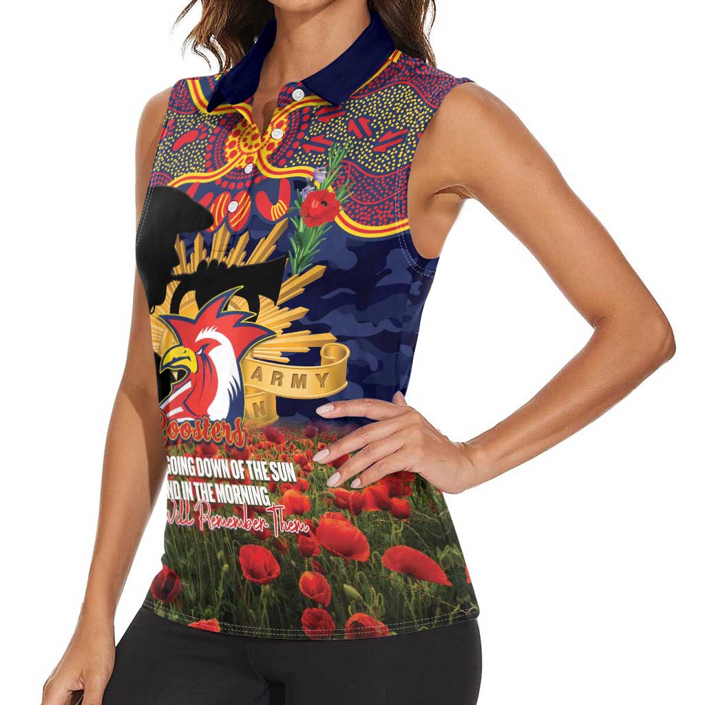 Personalised Roosters Rugby ANZAC Day Women Sleeveless Polo Shirt Last Post Poppy We Will Remember Them