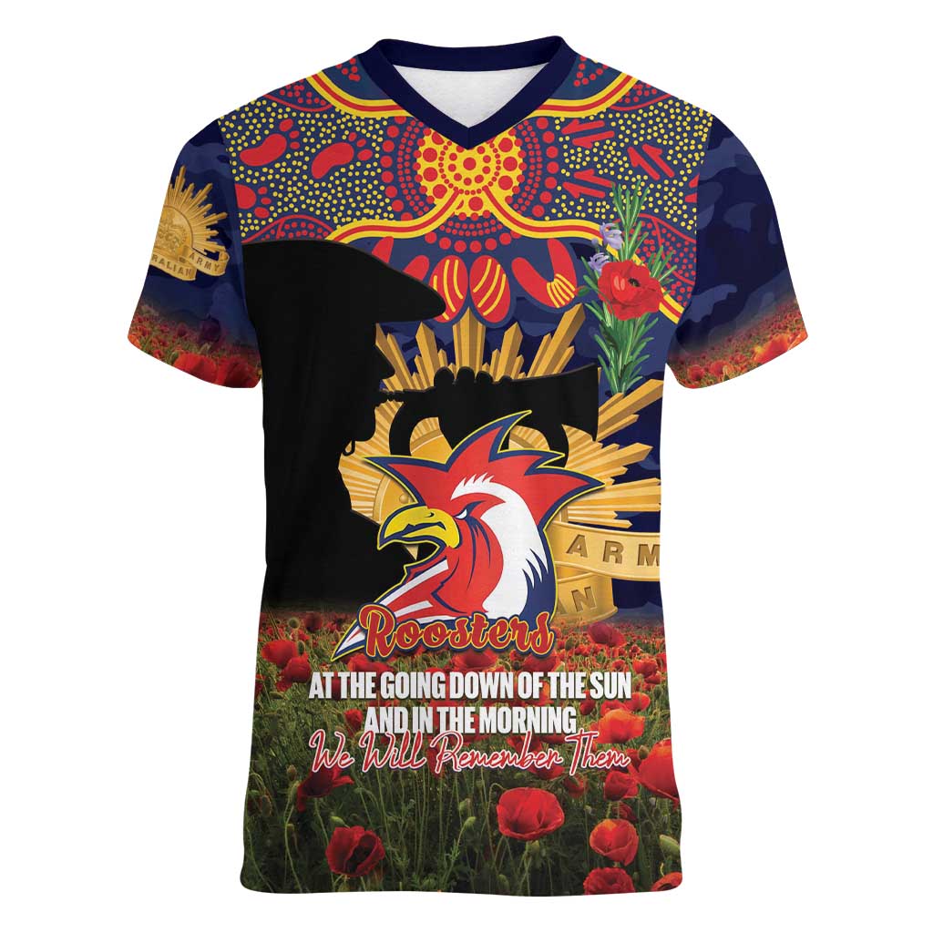 Personalised Roosters Rugby ANZAC Day Women V-Neck T-Shirt Last Post Poppy We Will Remember Them