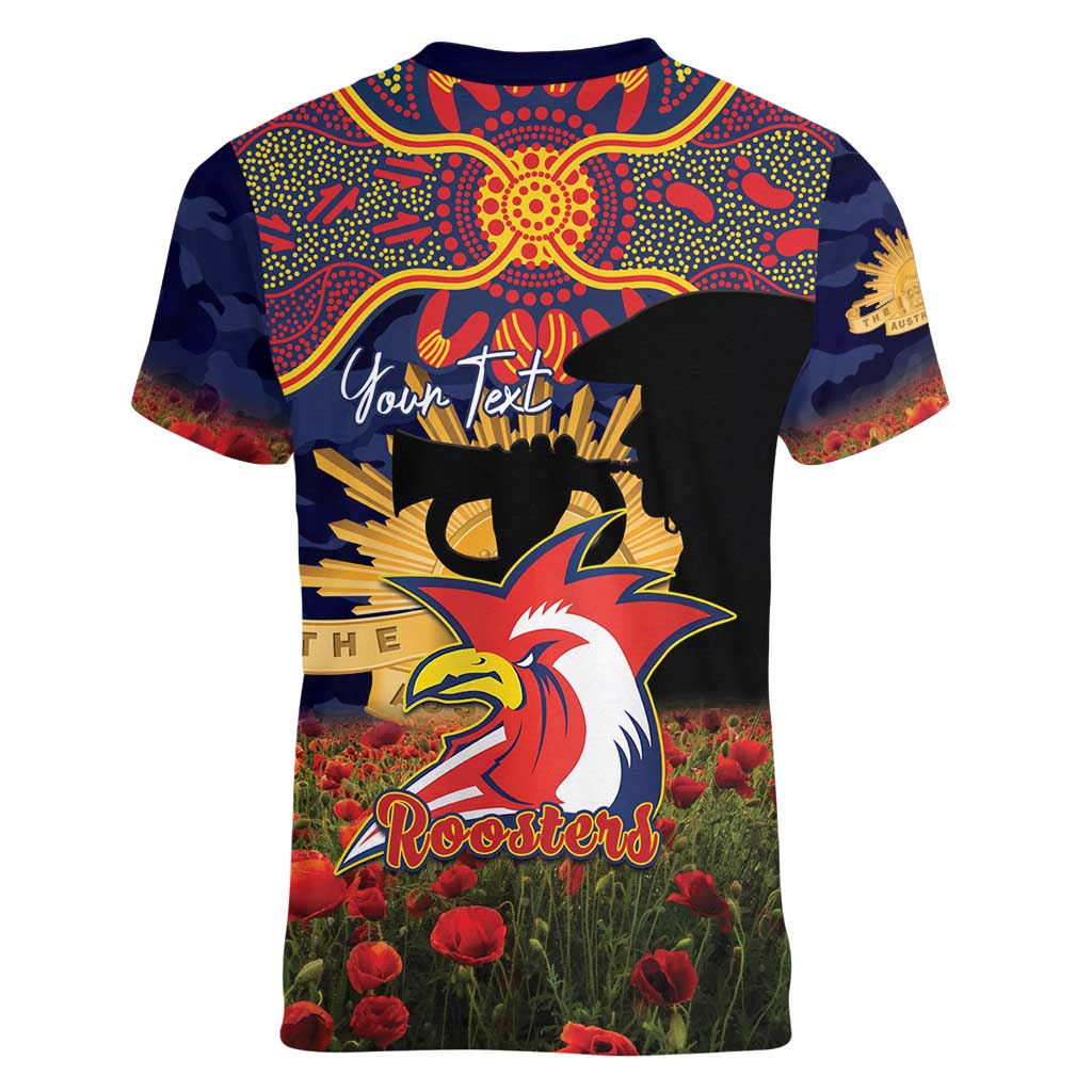 Personalised Roosters Rugby ANZAC Day Women V-Neck T-Shirt Last Post Poppy We Will Remember Them