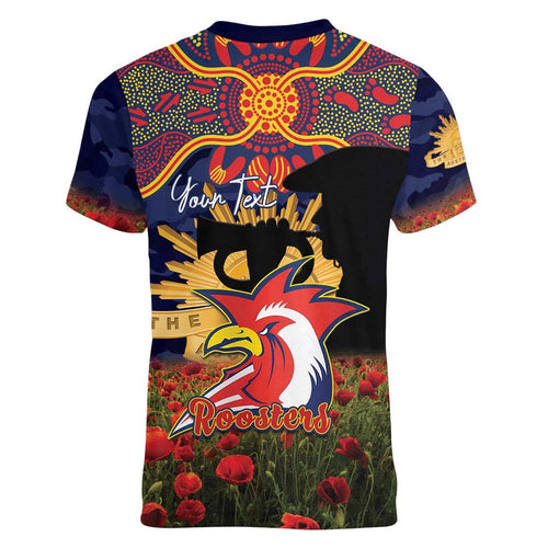 Personalised Roosters Rugby ANZAC Day Women V-Neck T-Shirt Last Post Poppy We Will Remember Them
