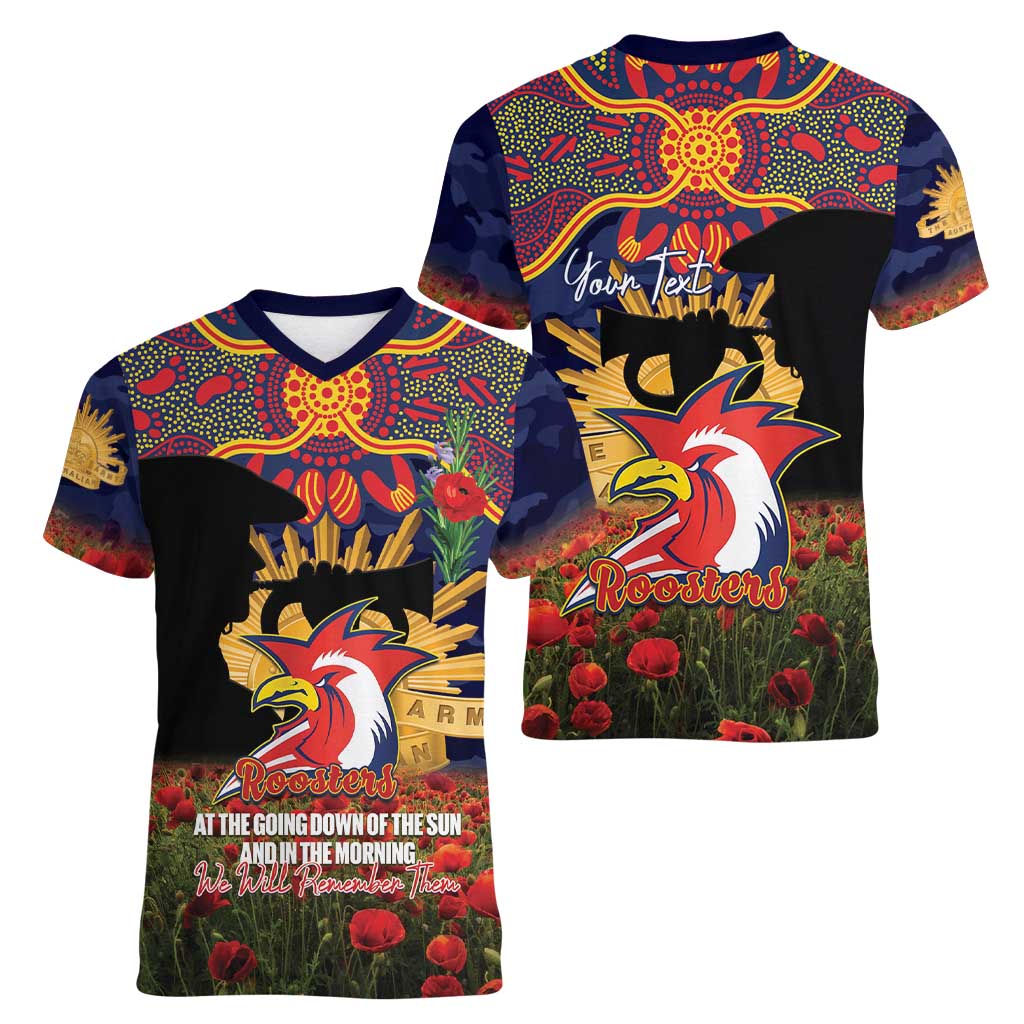 Personalised Roosters Rugby ANZAC Day Women V-Neck T-Shirt Last Post Poppy We Will Remember Them