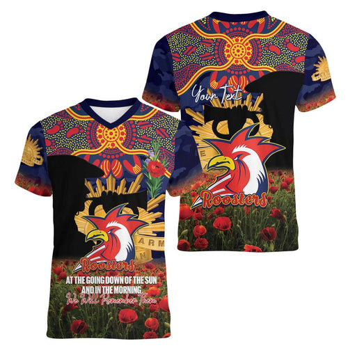 Personalised Roosters Rugby ANZAC Day Women V-Neck T-Shirt Last Post Poppy We Will Remember Them