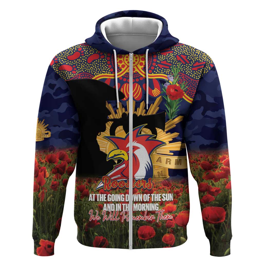 Personalised Roosters Rugby ANZAC Day Zip Hoodie Last Post Poppy We Will Remember Them