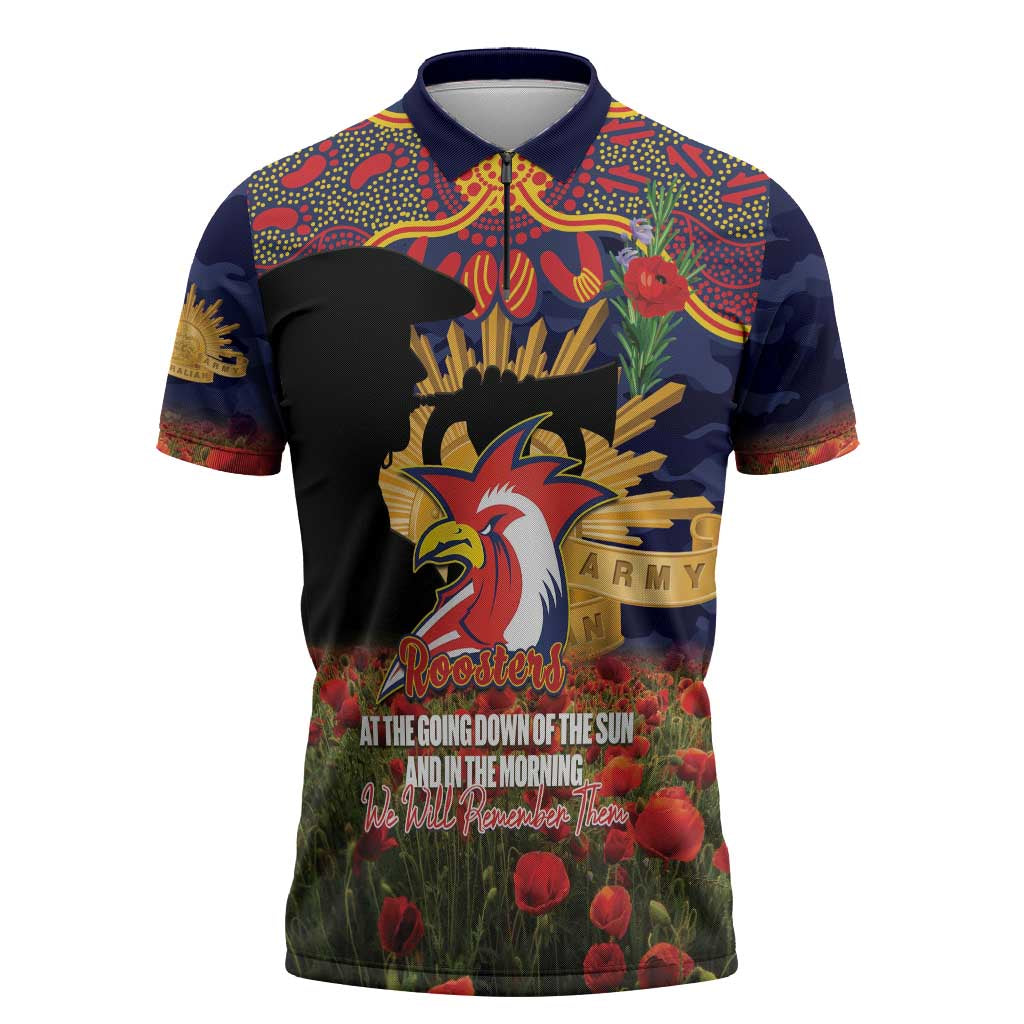 Personalised Roosters Rugby ANZAC Day Zipper Polo Shirt Last Post Poppy We Will Remember Them