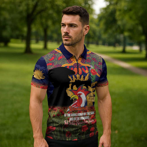 Personalised Roosters Rugby ANZAC Day Zipper Polo Shirt Last Post Poppy We Will Remember Them