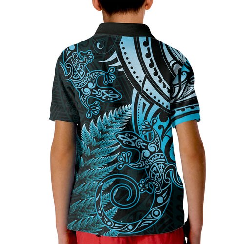New Zealand Lizard Kid Polo Shirt Silver Fern Aotearoa Maori Blue Version