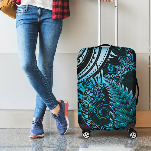 New Zealand Lizard Luggage Cover Silver Fern Aotearoa Maori Blue Version
