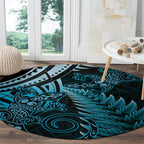 New Zealand Lizard Round Carpet Silver Fern Aotearoa Maori Blue Version